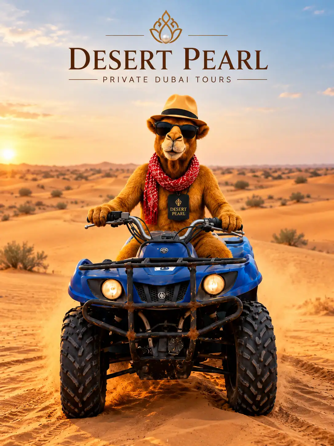 Desert Pearl Kamel auf dem Quad in der Dubai-Wüste
